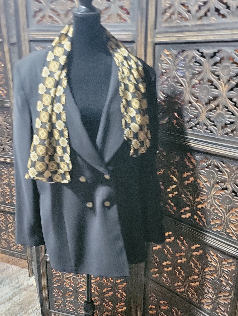 Le Suit Black Double-Breasted Blazer with Gold-Patterned Scarf
